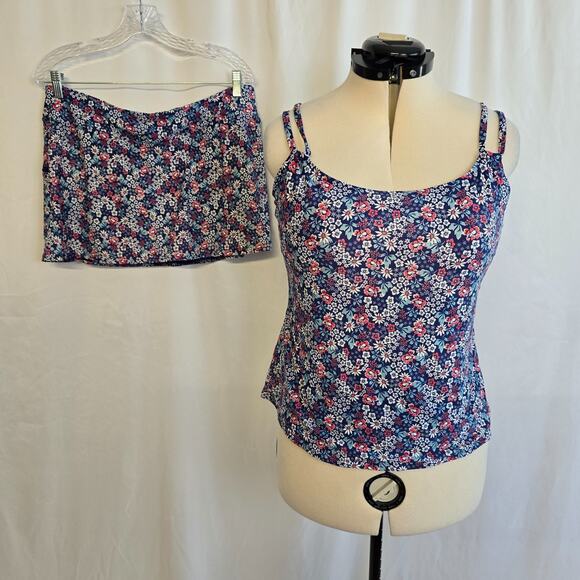 Sunsets Other - Sunsets 2 Piece Swim Set Tankini Top 38DD Skort Bottom XL Blue Multi Floral EUC